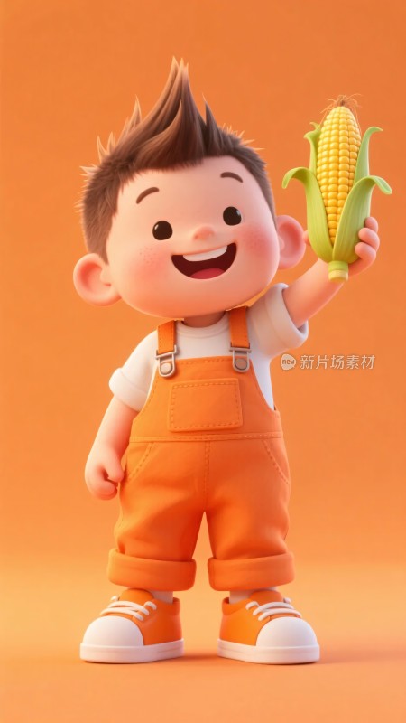 手持玉米的可爱卡通小男孩