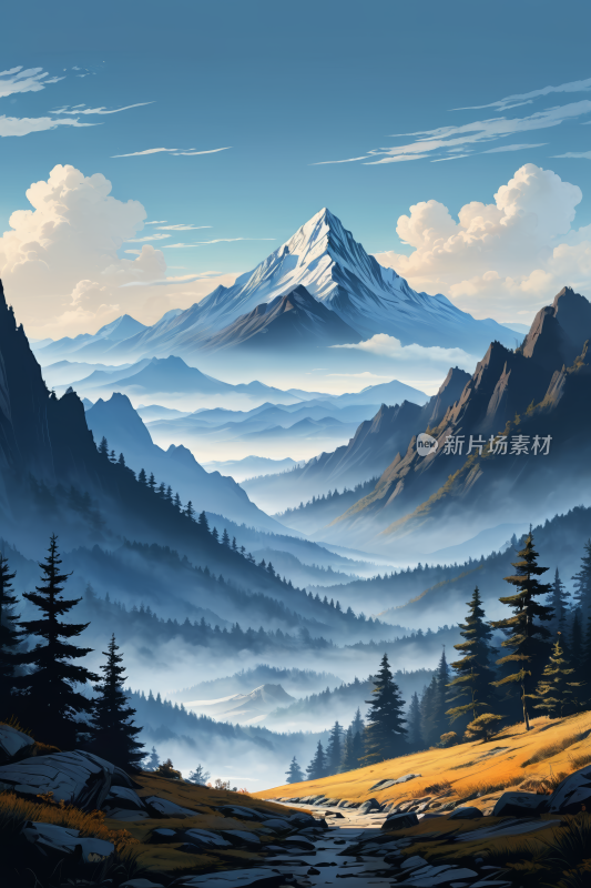 山地景观可欣赏山景和树景高清插画图片