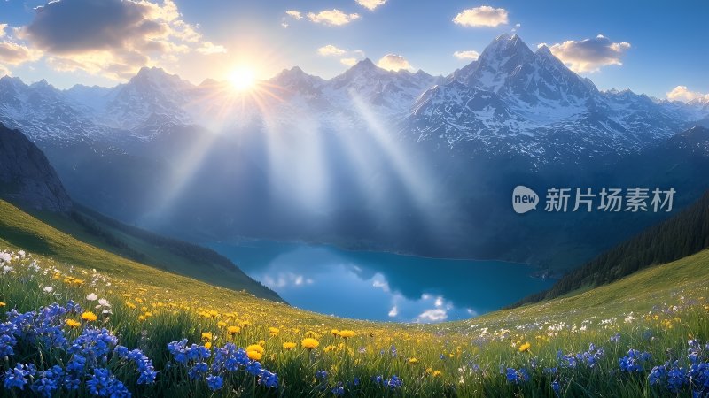 雪山下的宁静湖泊 雪山 湖泊 草地 鲜花