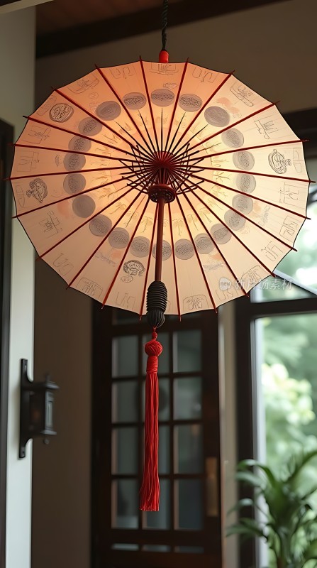 红色油纸伞映衬下的优雅室内空间