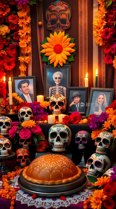 亡灵节祭坛骷髅与鲜花共舞