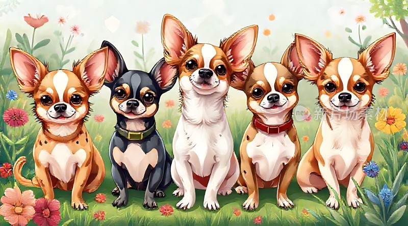 五只可爱小狗在花丛中玩耍