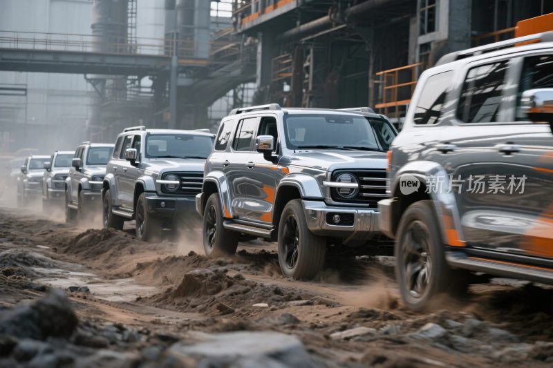 多辆越野车在工地泥地行驶