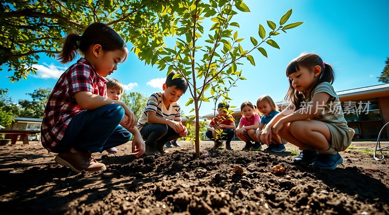 孩子们围着一棵小树苗蹲着
