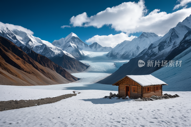 山上有雪前景一个小木屋风光风景图片