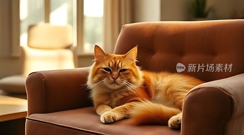 阳光下的橘猫慵懒趴在棕色沙发上