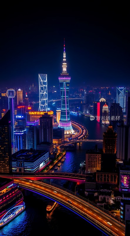 上海夜景东方明珠与繁华都市共舞