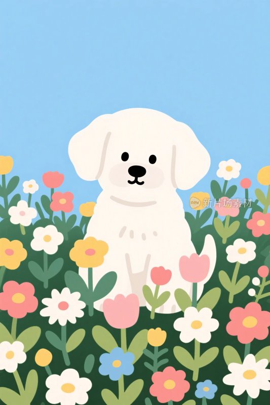 卡通小白狗花丛插画