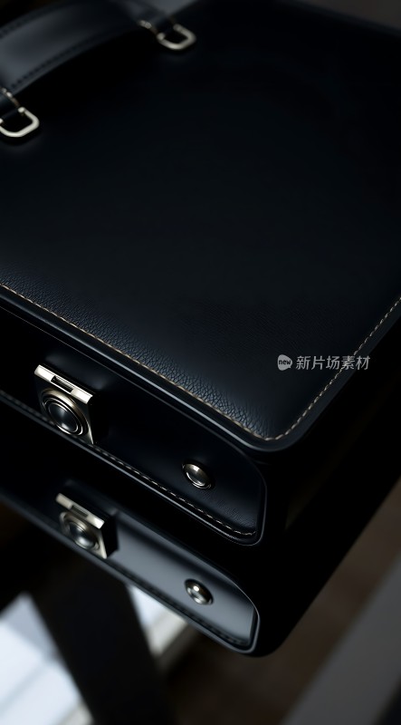 黑色皮质手提包特写展示其精致细节和金属扣环设计