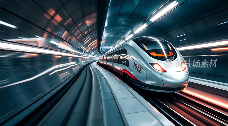 高速列车穿行隧道未来科技感十足
