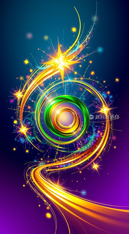 五彩斑斓的光芒环绕着螺旋形核心