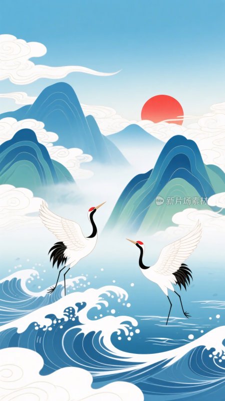 双鹤于山水间飞翔图景