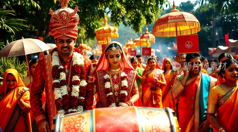 新婚夫妇游行队伍中的幸福时刻