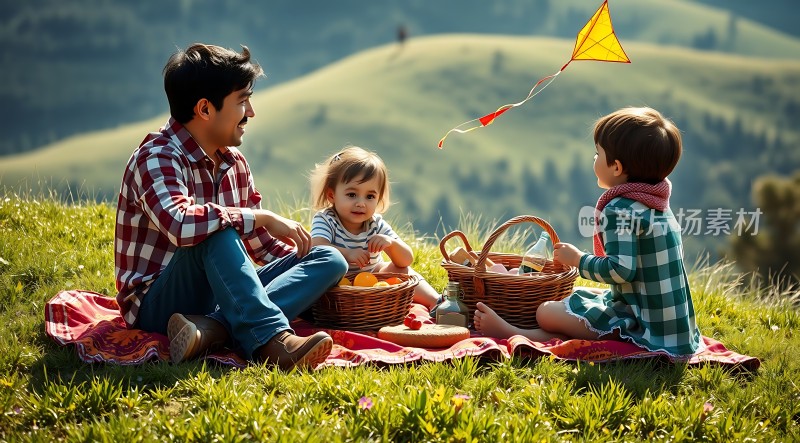 家庭野餐放风筝的快乐时光