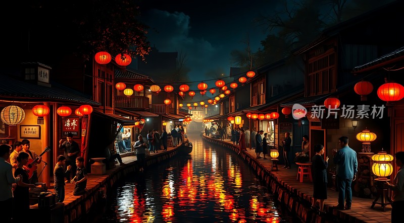 夜幕下的古街灯火阑珊映水乡