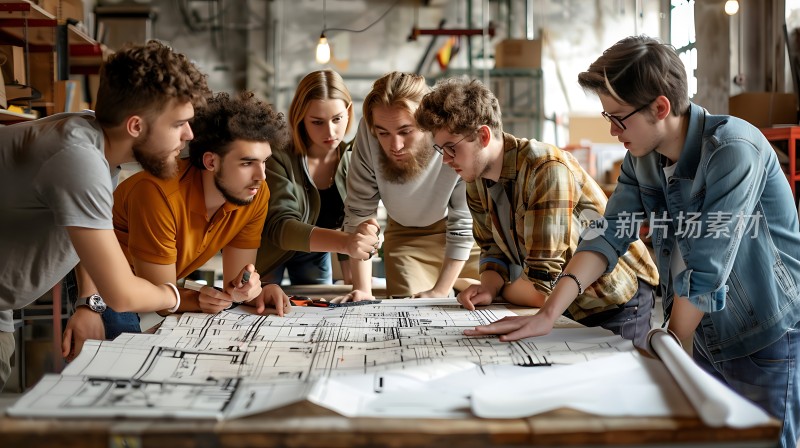 团队协作共同探讨建筑蓝图