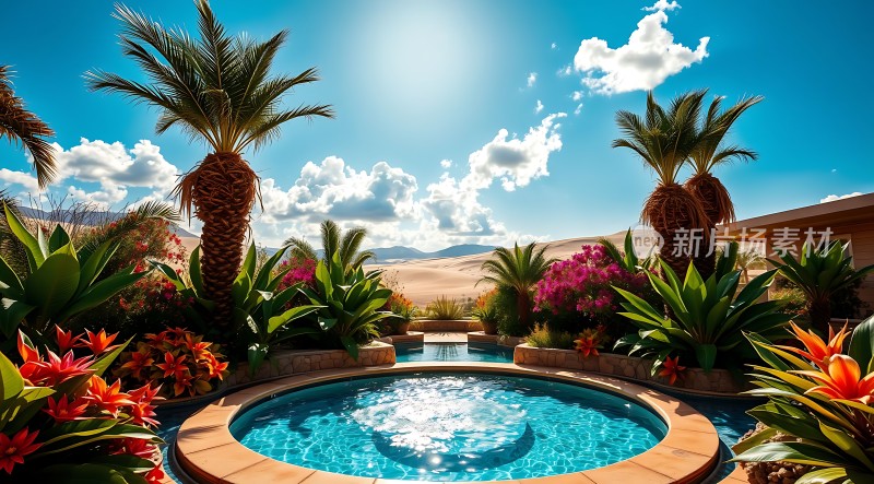 阳光下的热带风情泳池