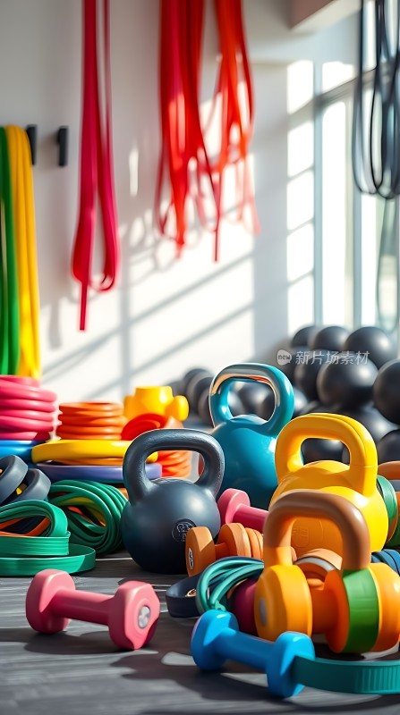 健身器材展示色彩缤纷的运动工具