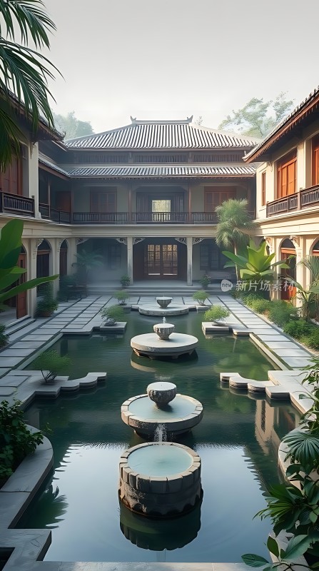 古风庭院水景石灯宁静雅致