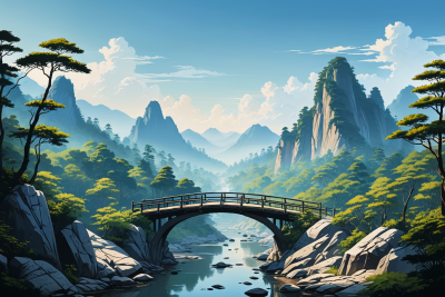 山中一座河桥的高清风景插画图片