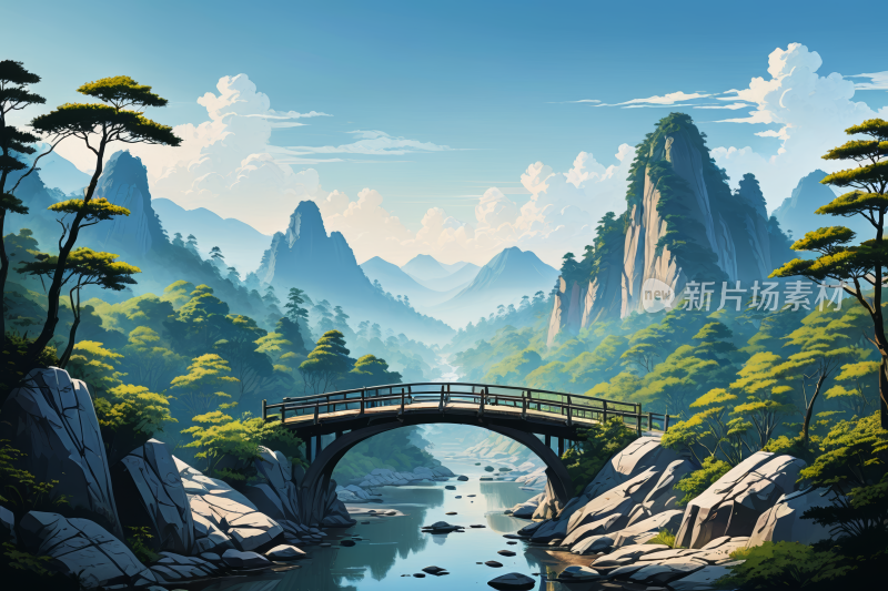 山中一座河桥的高清风景插画图片