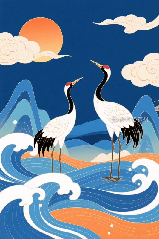 古风仙鹤山水插画