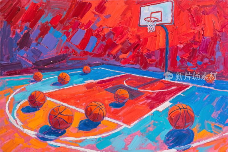 篮球场油画插画