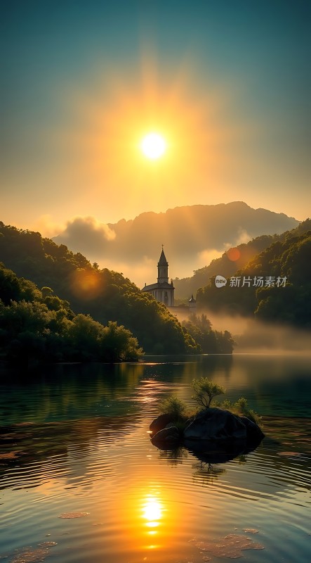 湖畔晨曦映照下的宁静教堂