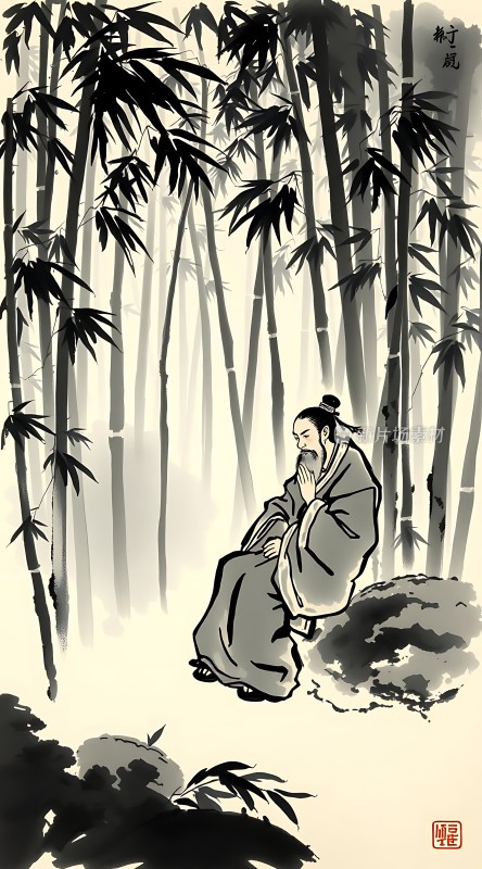 竹影下的沉思者