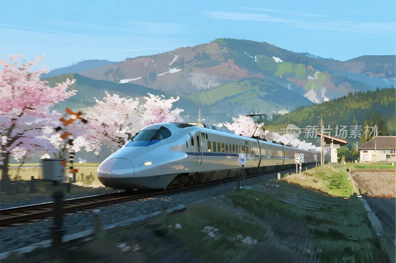 高速列车樱花风景