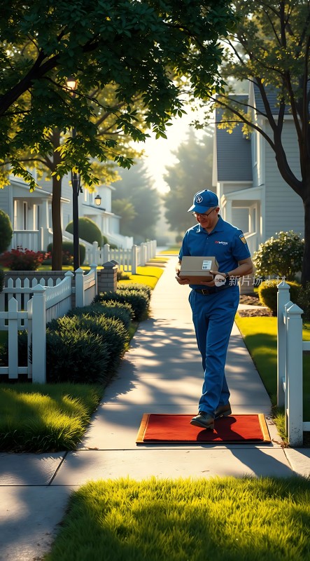 阳光下的快递员送包裹上门