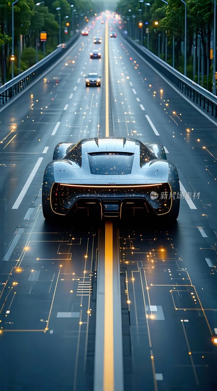 未来科技感跑车在智能高速公路上疾驰