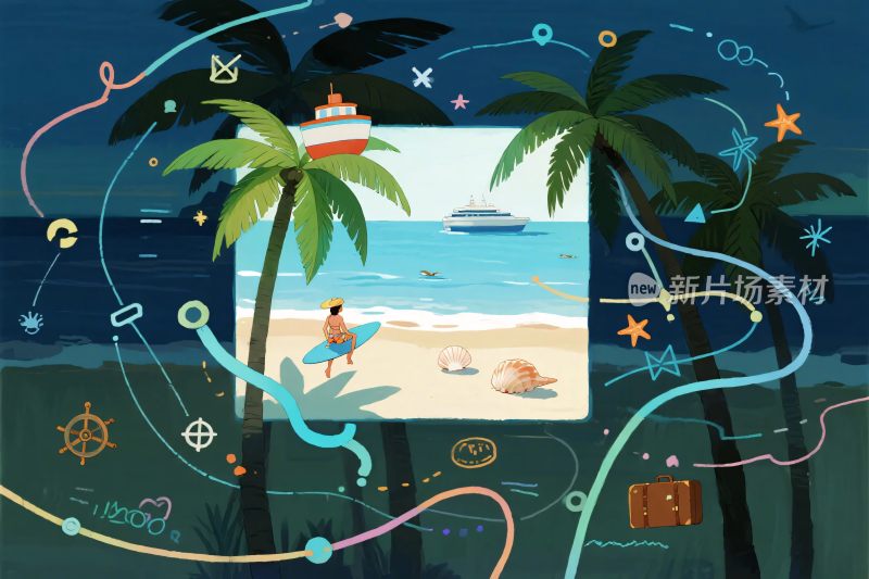 夏日海边插画风景图