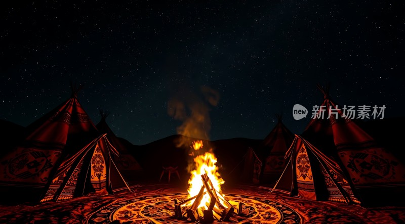 篝火旁的星空下的帐篷