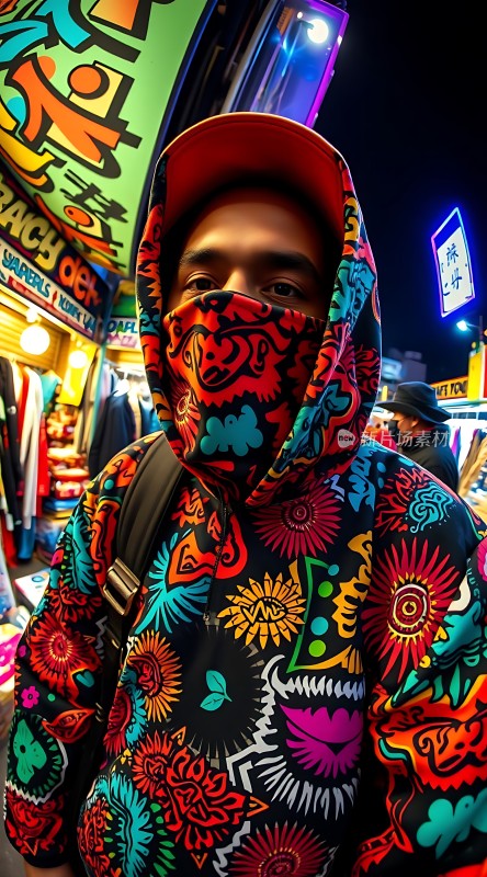 夜市街头色彩斑斓的服饰与霓虹灯光交相辉映