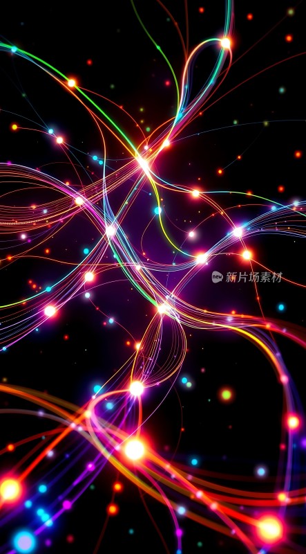 五彩斑斓的光线交织在黑暗背景中