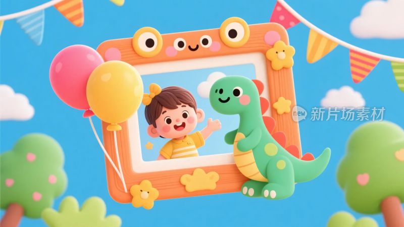卡通儿童与恐龙拍照插画