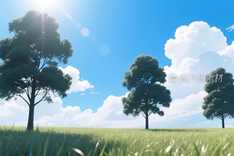 蓝天白云下的草地树木风景