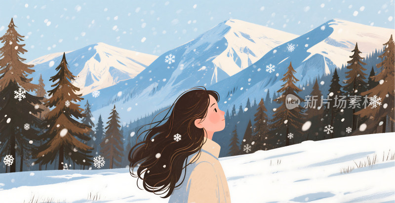 扁平风格冬天雪地里的女孩插画