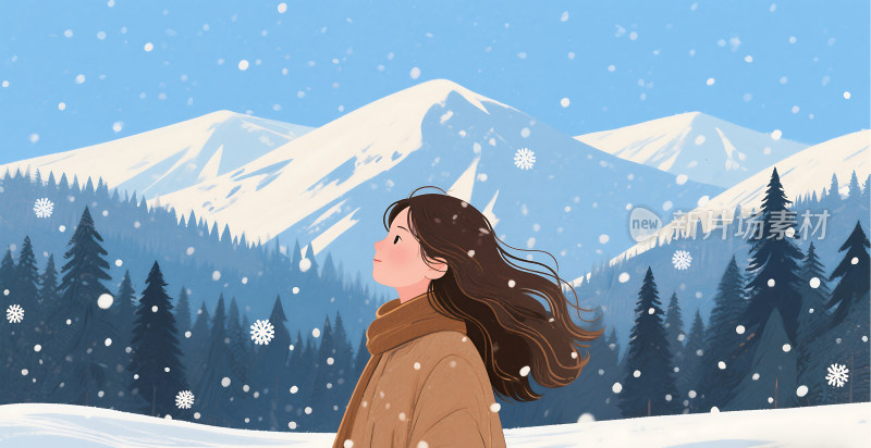 扁平风格冬天雪地里的女孩插画