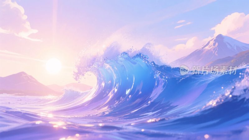 海上日出与翻涌波浪景象