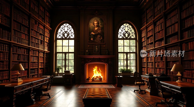 古色古香书房壁炉旁的书架与桌椅
