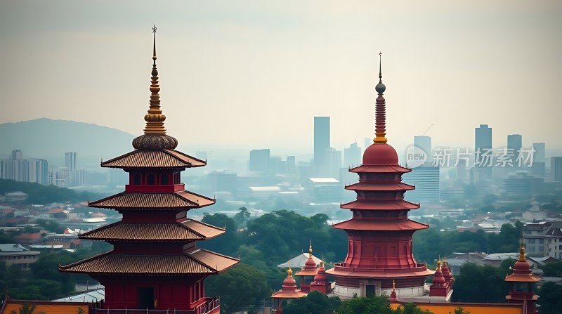 红塔绿树映城市天际线