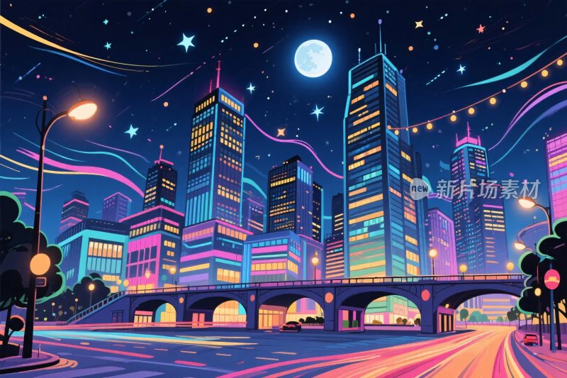 夜晚霓虹城市插画