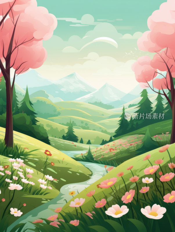 春日春天田园风光自然风景卡通插画