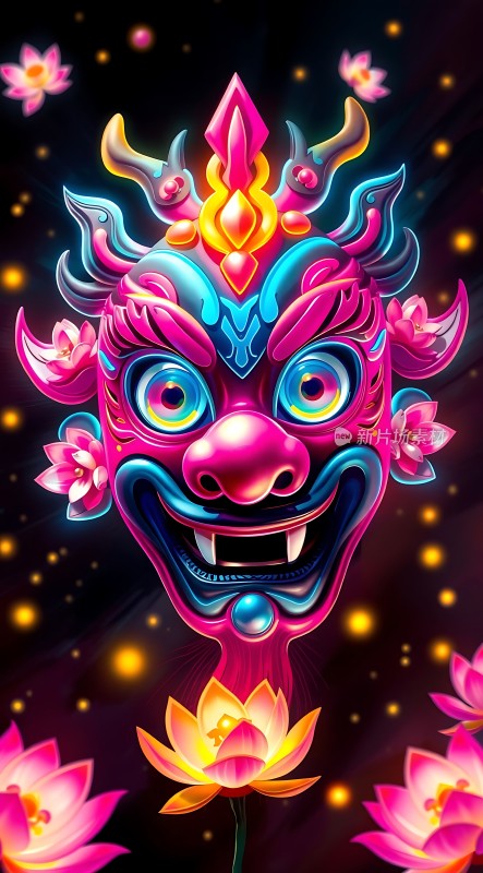 彩色舞狮面具与莲花