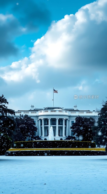 白宫雪景美国国旗飘扬
