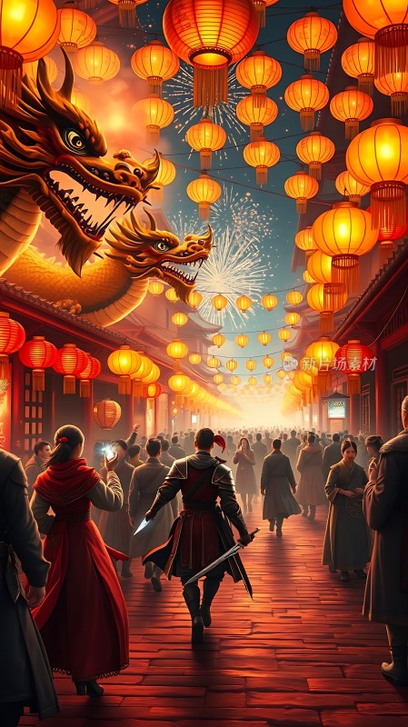 灯笼下的龙舞节庆夜