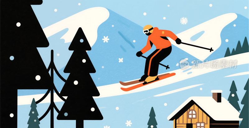冬天雪景滑雪插画背景