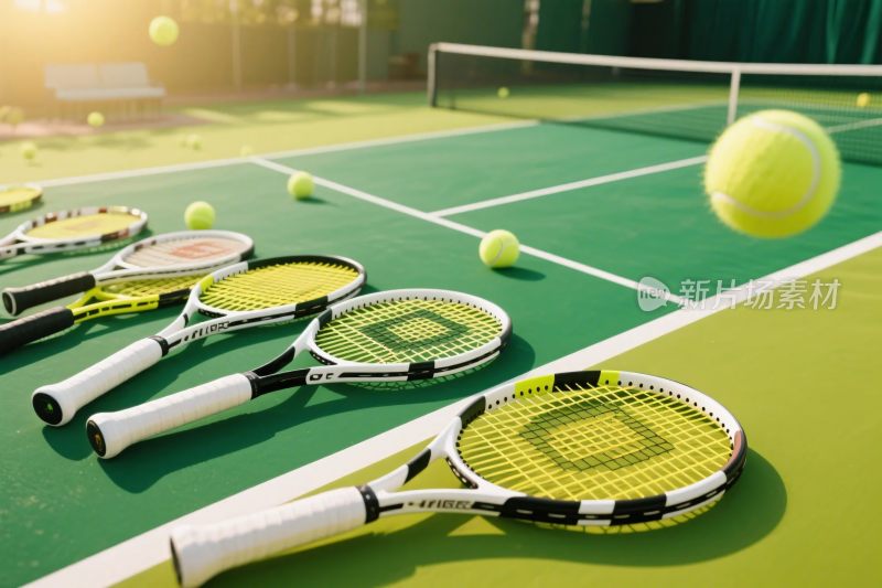 网球场上的球拍与网球